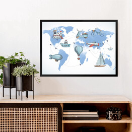 Obraz w ramie Mapa świata ze środkami transportu