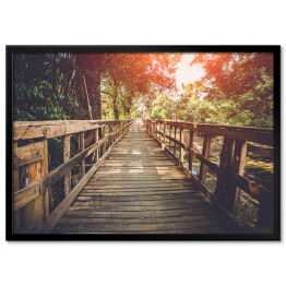 Plakat w ramie Drewniany most oświetlany przez pojedyncze promienie słońca
