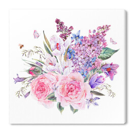 Obraz na płótnie Bukiet z niebieskimi kwiatami i przebiśniegami na białym tle