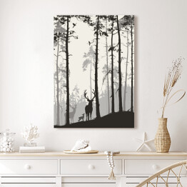 Obraz na płótnie Rodziny jeleni i ptaków w lesie sosnowym