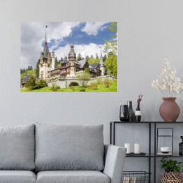 Plakat Zamek Peles w Rumunii na tle zachmurzonego nieba