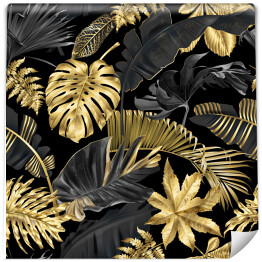 Tapeta w rolce Złoto czarna dżungla. Monstera, liście palmowe i liście bananowca w nowoczesnym wydaniu