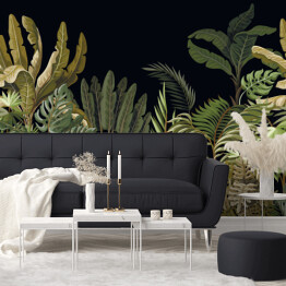 Fototapeta winylowa zmywalna Motyw egzotycznej roślinności z liśćmi palmy, bananowca oraz monstery w stylu vintage na ciemnym tle 