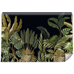 Fototapeta winylowa zmywalna Motyw egzotycznej roślinności z liśćmi palmy, bananowca oraz monstery w stylu vintage na ciemnym tle 