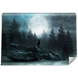 Fototapeta Jeleń w lesie we mgle nocą na tle pełni księżyca