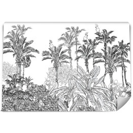 Fototapeta Seamless Border Oleander i kwiaty hibiskusa w palmach z egzotycznych ptaków i Leopard, papugi i dzikie zwierzęta w tropikach, Toile Panorama Widok Fototapeta