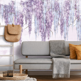 Fototapeta winylowa zmywalna wiszące kwiaty na fakturze malowanej ściany, fototapeta we wnętrzu domu lub instytucji