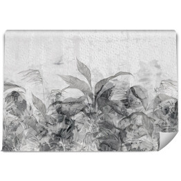 Fototapeta winylowa zmywalna rysunek artystyczny na akwarelowym tle tekstury tropikalne liście w szarych odcieniach fototapety do wnętrza