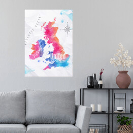 Plakat samoprzylepny Mapa Wielkiej Brytanii - różowo niebieska akwarela