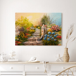Obraz na płótnie Obraz olejny - niebo w pastelowych barwach nad kamiennymi schodami w lesie