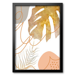 Obraz w ramie Abstrakcja i liście - monstera w złotym i beżowym kolorze