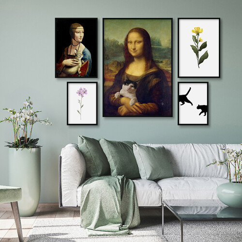 Galeria ścienna Sztuka na wesoło. Zestaw plakatów z reprodukcjami "Mona Lisa" i "Dama z łasiczką" w nowoczesnym wydaniu. Plakaty z kwiatami