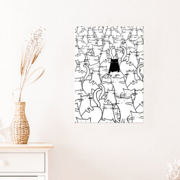 Plakat Czarny kot wśród białych kotów - ilustracja 