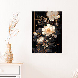 Plakat Jasne kwiaty i dekoracyjny ornament w czarno złotej kompozycji