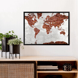 Obraz w ramie Mapa świata z motywem ciemnej cegły