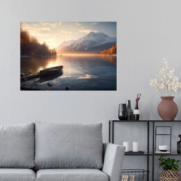 Plakat samoprzylepny Łódka na jeziorze w górach jesienny krajobraz