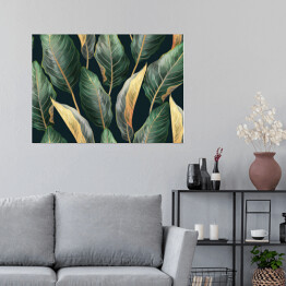 Plakat samoprzylepny Egzotyczne szaro zielono złote liście 
