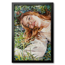 Rudowłosa dziewczyna leżąca w trawie na łące. Malarstwo