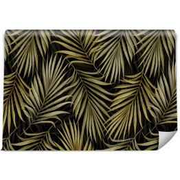 Tropikalny luksusowy spójny wzór ze złotymi liśćmi palmowymi na ciemnym tle. Ręcznie rysowane vintage ilustracja i tekstura. Dobry do produkcji tapet, papieru pakowego, tkaniny, drukowania tkanin, towarów.