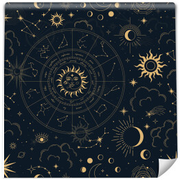 Wektor magia spójny wzór z konstelacjami, koło zodiaku, słońce, księżyc, magiczne oczy, chmury i gwiazdy. Mistyczne ezoteryczne tło do projektowania tkanin, opakowań, astrologii, etui na telefon, mata do jogi