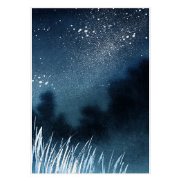 Abstrakcyjny krajobraz akwarelowy. Niebo pełne gwiazd nad lasem we mgle i wysokimi trawami