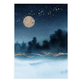 Krajobraz akwarelowy las we mgle nocą w niebieskich barwach