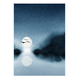 Ptaki w locie na tle księżyca nad jeziorem w niebieskich barwach. Krajobraz akwarelowy