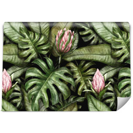Tropikalny egzotyczny spójny wzór z kwiatami protea w tropikalnych liściach. Ręcznie rysowane ilustracja akwarela. Vintage tło. Dobry do projektowania tapet, drukowania tkanin, papieru pakowego