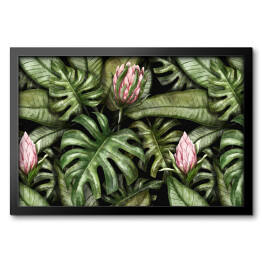 Tropikalny egzotyczny spójny wzór z kwiatami protea w tropikalnych liściach. Ręcznie rysowane ilustracja akwarela. Vintage tło. Dobry do projektowania tapet, drukowania tkanin, papieru pakowego