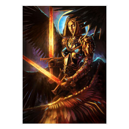 Kobieta anioł w zbroi z dwoma oświetlonymi mieczami - postać ze świata fantasy