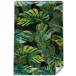 Tropikalny wzór z zielonymi liśćmi monstery. spójny druk malowany akwarelą