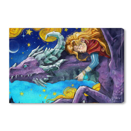 A cute girl with golden hair sleeps on the back of a purple flying caring dragon, they fly through the night starry sky, with golden clouds and stars and a crescent moon . 2d watercolor illustration