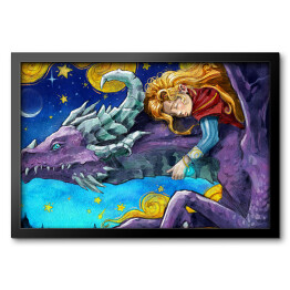 A cute girl with golden hair sleeps on the back of a purple flying caring dragon, they fly through the night starry sky, with golden clouds and stars and a crescent moon . 2d watercolor illustration