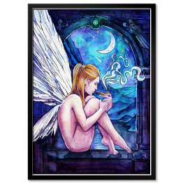 Kobieta anioł siedząca w oknie - ilustracja fantasy
