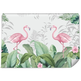 Fototapety do pokoju. Różowe flamingi. Flamingi na tle liści. Tropikalne liście, tropiki, flamingi.