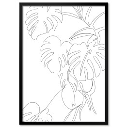 Roślina monstera. Oneline art - minimalistyczny czarno biały rysunek 