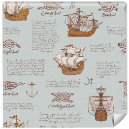 spójny wzór z ręcznie rysowanymi żaglówkami, różnymi węzłami morskimi, kotwicami i odręcznie napisanym tekstem Lorem ipsum na szarym tle. Vintage wektor tło na temat podróży morskich i przygód