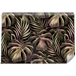 Tropikalny spójny wzór z liśćmi palmowymi, liście monstery w złotym gradiencie różowym. Ręcznie rysowane ciemne vintage ilustracji 3D. Glamorous egzotyczne abstrakcyjne tło. Dobry dla luksusowych tapet, tkaniny