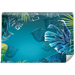 Akwarelowe liście tropikalne na niebieskim tle. Świetny wybór na tapetę, fototapetę, mural, plakat, kartkę.