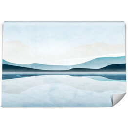 Minimalistyczne tło sztuki akwarelowej z górami i morzem. Krajobraz baner w niebieskich kolorach do dekoracji wnętrz, projektowania, tapety