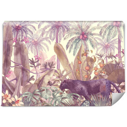 Tropikalna ilustracja z czarną panterą w dżungli malowane w akwareli. Tło z tropikalnych liści i dzikiego kota. Krajobraz z palmami