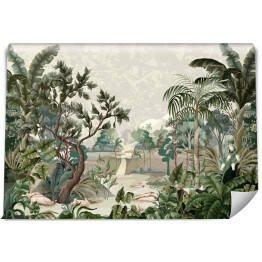Krajobraz dżungli z rzeką i palmami. Fototapeta do druku we wnętrzu.