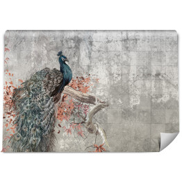 sztuka malowane paw siedzący na gałęzi wśród tekstury tło fototapeta