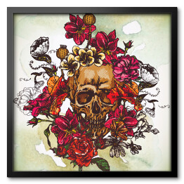 Brązowa czaszka i czerwone kwiaty