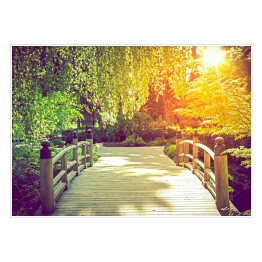 Drewniany, jasny most w parku w słoneczny dzień