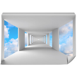 Pusty biały korytarz z niebem 3D