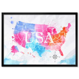 Mapa Stanów Zjednoczonych - różowo niebieska akwarela