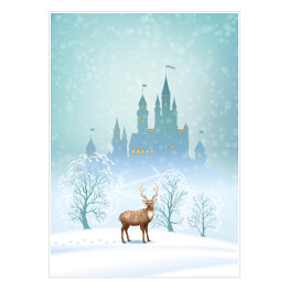 Krajobraz Bożego Narodzenia - jeleń na tle zimowego bajkowego zamku