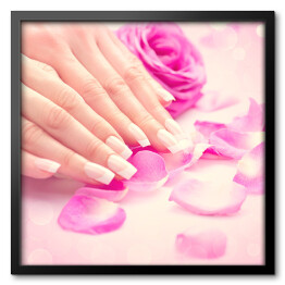Kobiece dłonie w różowych płatkach róż