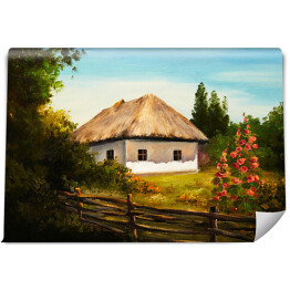 Obraz olejny - wiejski dom wśród drzew
